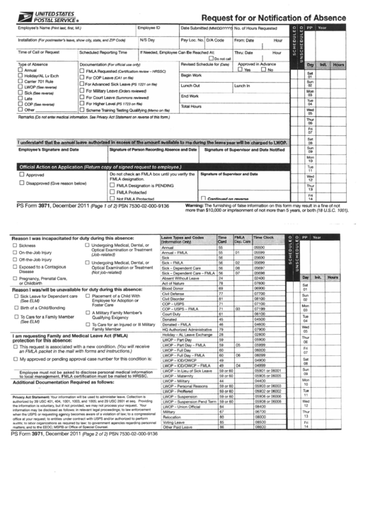 Ps Form 3971 - Request For Or Notification Of Absence Printable pdf