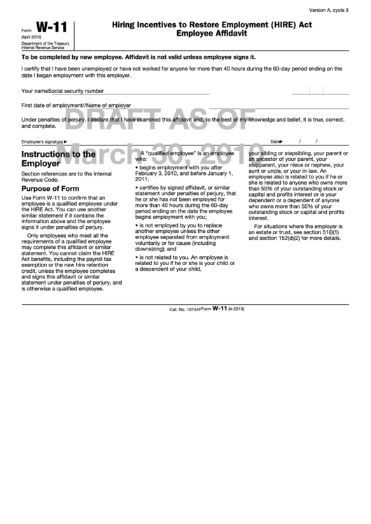 Form W-11 Draft - Hiring Incentives To Restore Employment (Hire) Act Employee Affidavit Printable pdf