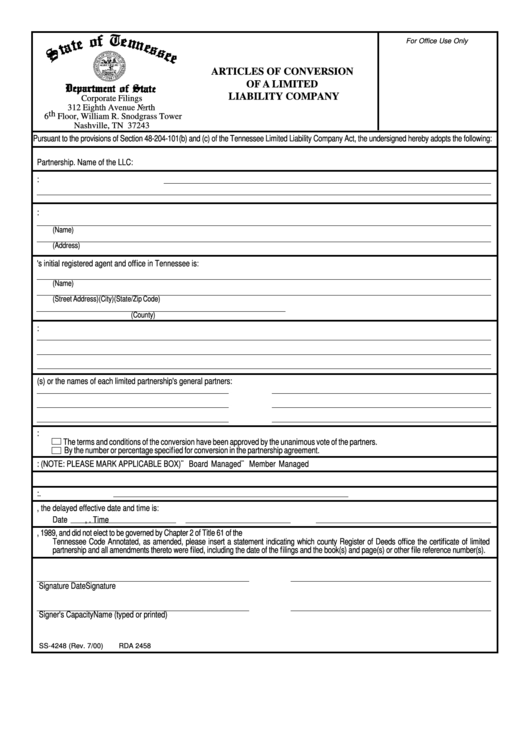 Form Ss-4248 - Articles Of Conversion Of A Limited Liability Company Printable pdf