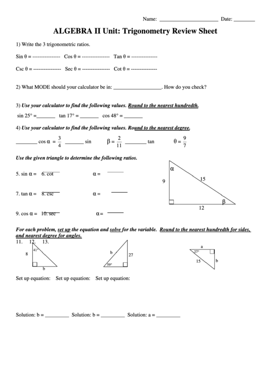 Algebra Ii Unit: Trigonometry Review Sheet Printable pdf