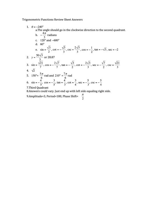 Trigonometric Functions Review Sheet Answers Printable pdf