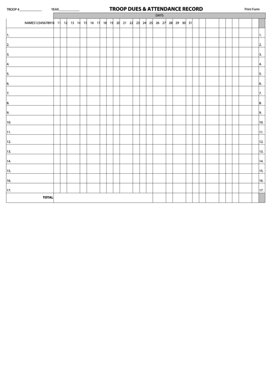 Troop Dues And Attendance Record Template Printable pdf