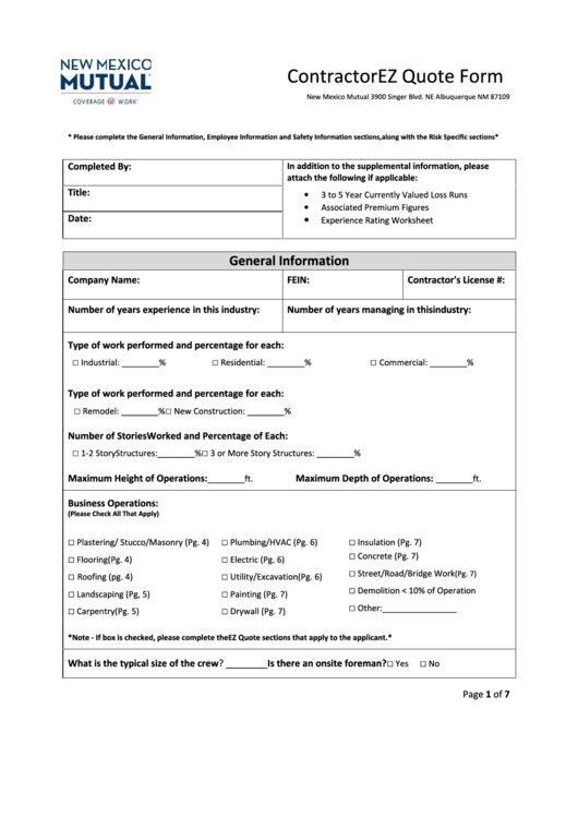 Fillable Contractor Ez Quote Form Printable pdf