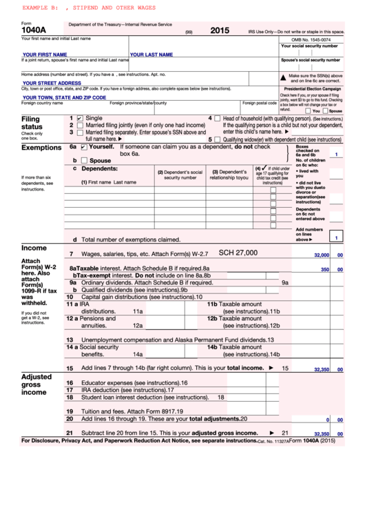 Fillable Form 1040a - U.s. Individual Income Tax Return -2015 Printable pdf
