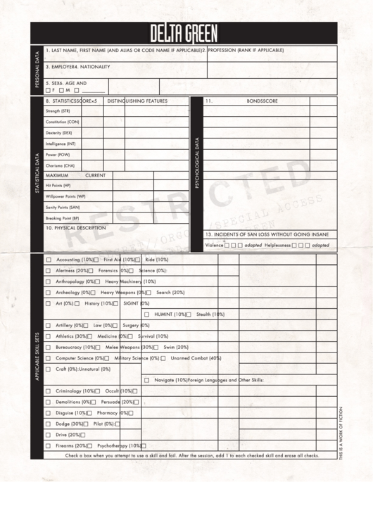 Delta Green Character Sheet Form Fillable - Printable Forms Free Online