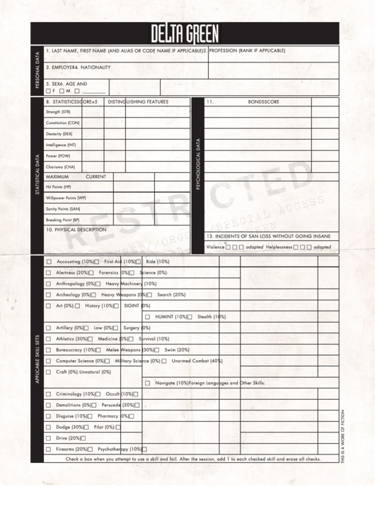 Fillable Delta Green Character Sheet printable pdf download