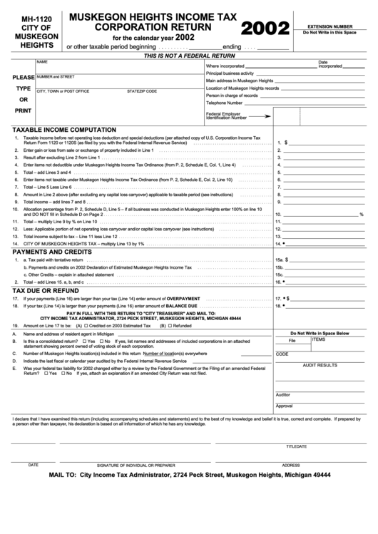 Form Mh-1040 - City Of Muskegon Heights Income Tax Corporation Return - 2002 Printable pdf