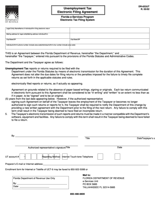 Form Dr 653ut - Unemployment Tax Electronic Filing Agreement Printable pdf