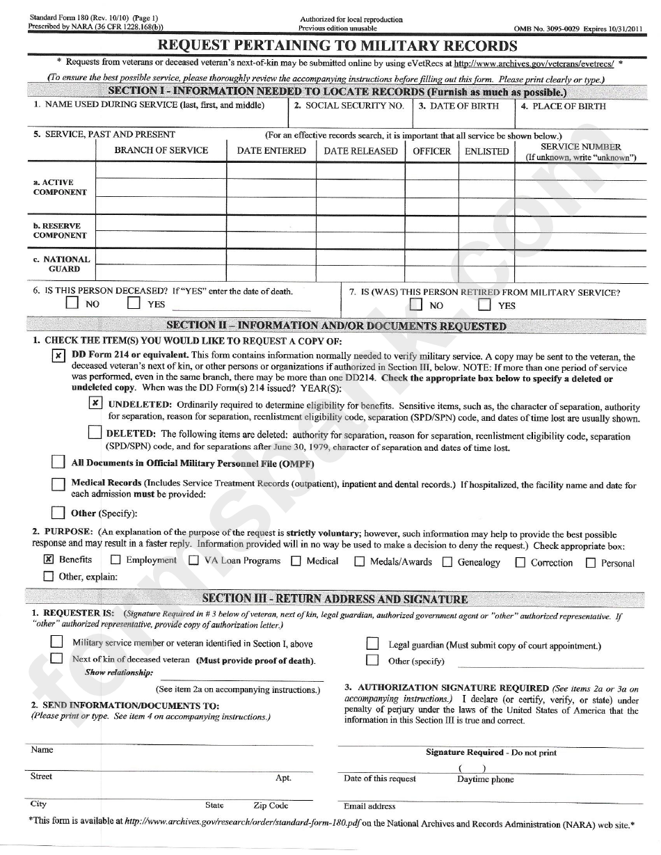 Standard Form 180 Request Pertaining To Military Records printable