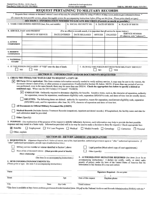 Standard Form 180 Request Pertaining To Military Records Printable 
