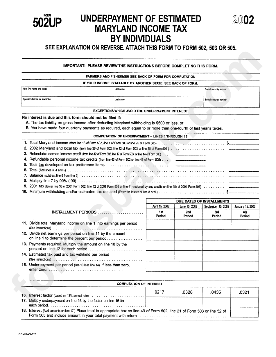 Form 502up - Underpayment Of Estimated Maryland Income Tax By Individuals - 2002