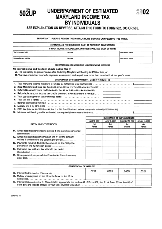Form 502up - Underpayment Of Estimated Maryland Income Tax By Individuals - 2002 Printable pdf