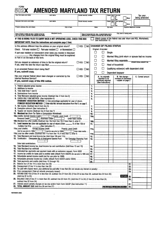 Form 502x - Amended Maryland Tax Return Printable pdf