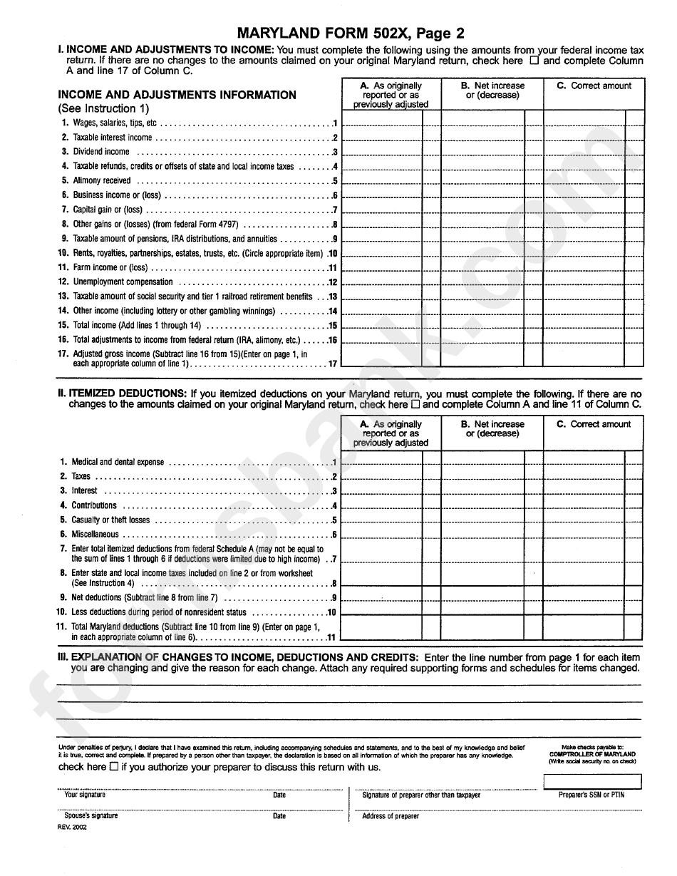 Form 502x - Amended Maryland Tax Return