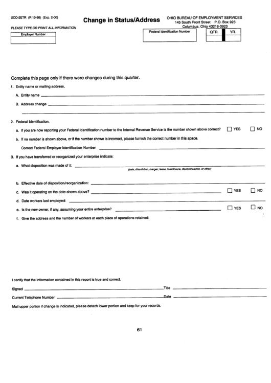 Form Uco-2etr - Change In Status/address Printable pdf
