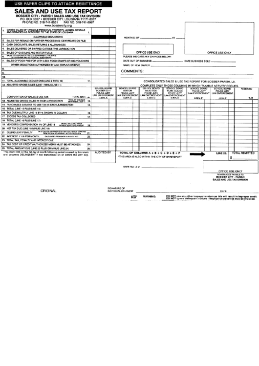 Sales And Use Tax Report - Bossier City Printable pdf
