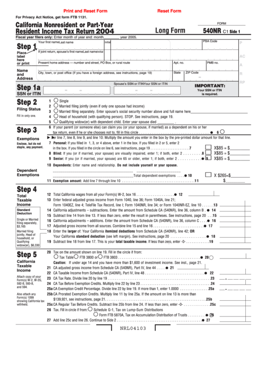 Fillable Form 540nr C1 - California Nonresident Or Part-Year Resident Income Tax Return - 2004 Printable pdf