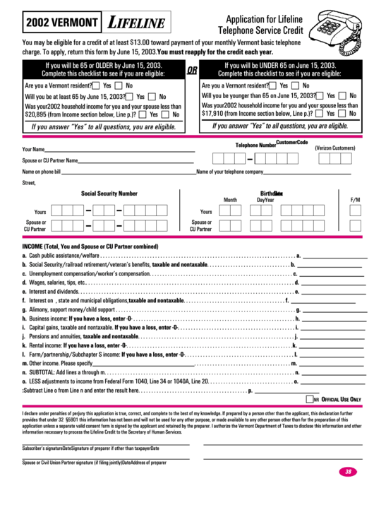 Application For Lifeline Telephone Service Credit - Vermont - 2002 Printable pdf