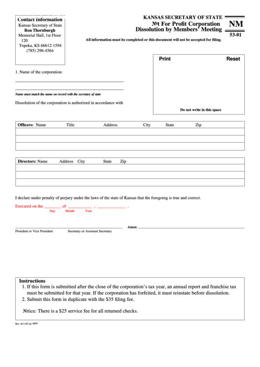 Fillable Form K.s.a. 17-6804 - Not For Profit Corporation Dissolution By Members