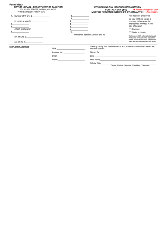 Form Mw3 - Withholding Tax Reconciliation Return - 2010 Printable pdf