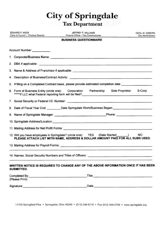 Business Questionnaire - City Of Springdale Printable pdf