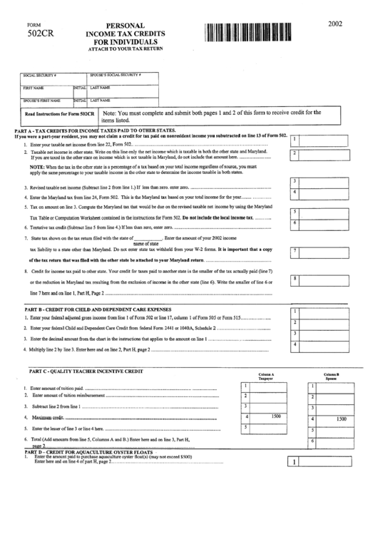 Form 502cr - Personal Income Tax Credits For Individuals - 2002 Printable pdf