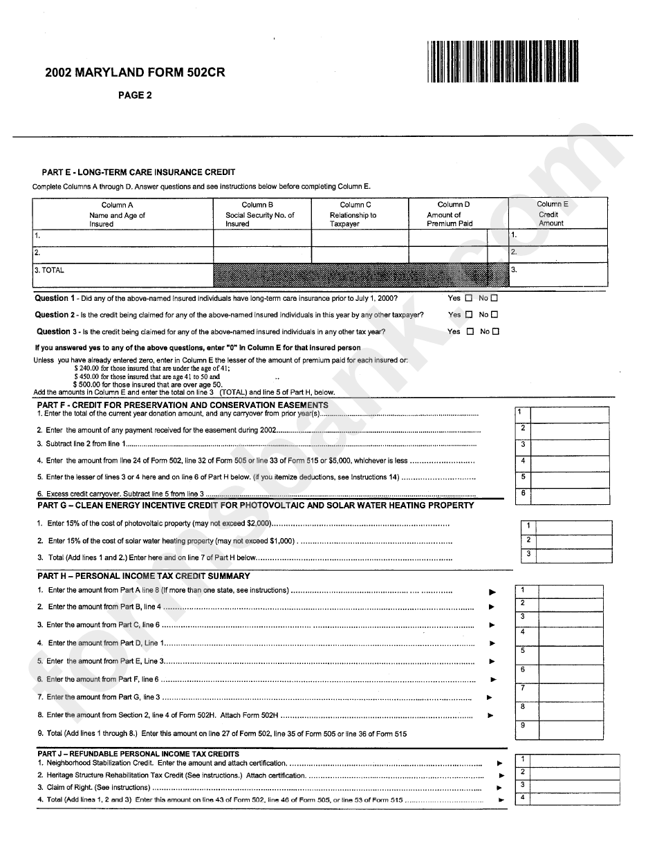 Form 502cr - Personal Income Tax Credits For Individuals - 2002