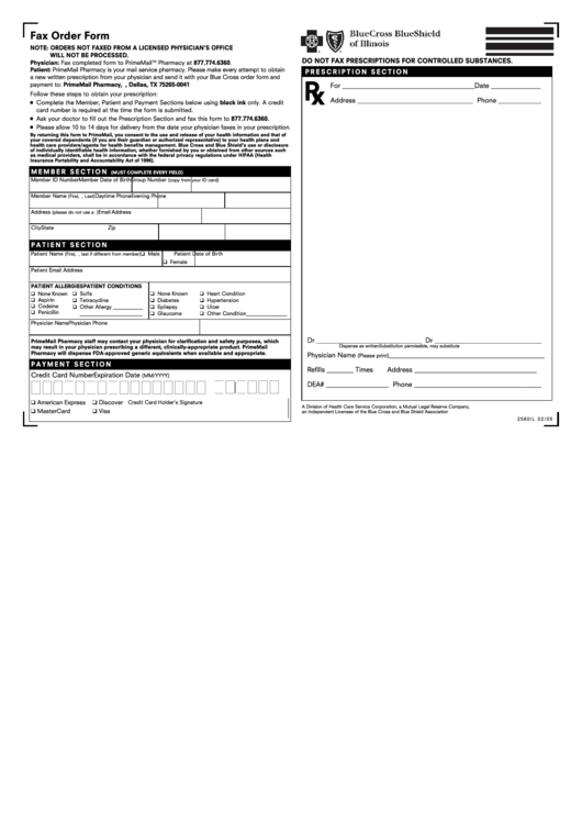 Form 2560il - Bcbs Fax Order Form Printable pdf