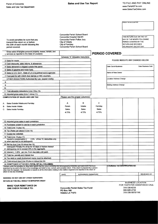 Fillable Sales And Use Tax Report - Parish Of Concordia Printable pdf