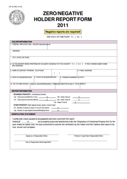 Fillable Form Up-1n - Zero/negative Holder Report Form - 2011 Printable pdf