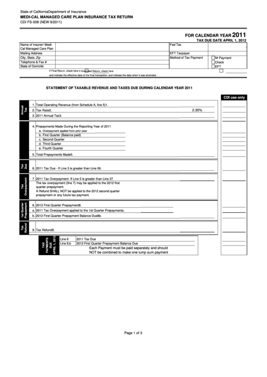 Form Cdi Fs-008 - Medi-Cal Managed Care Plan Insurance Tax Return - State Of California Printable pdf