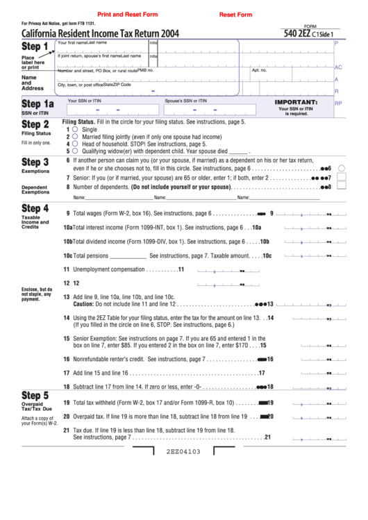 Fillable Form 540 2ez - California Resident Income Tax Return - 2004 Printable pdf