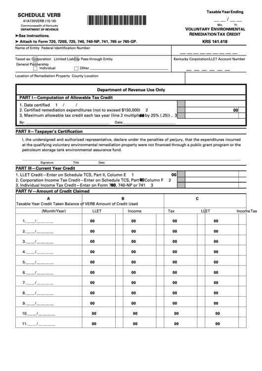 Form 41a720verb - Schedule Verb - Voluntary Environmental Remediation Tax Credit - 2016 Printable pdf