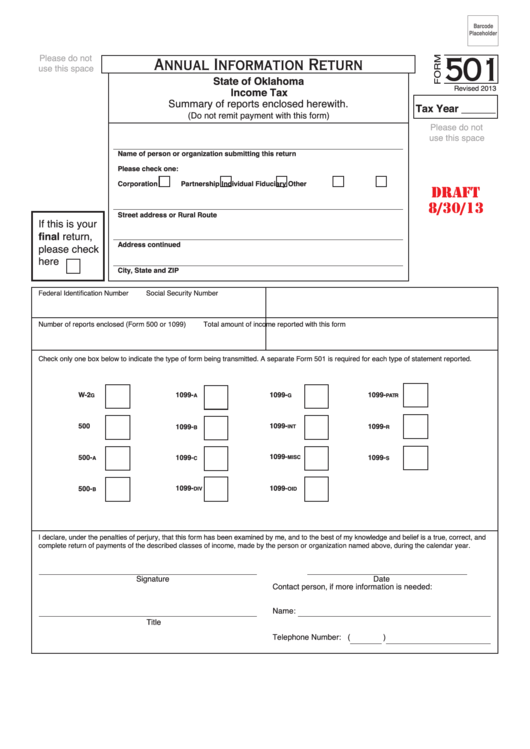Form 501 Draft - Annual Information Return - State Of Oklahoma Income Tax Printable pdf