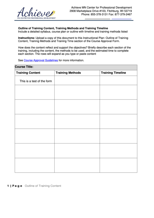 Fillable Training Outline Content Printable pdf