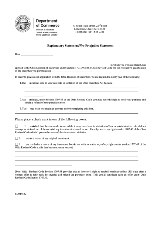 Form Com4542 - Explanatory Statement/non-Prejudice Statement - Ohio Dept.of Commerce Printable pdf