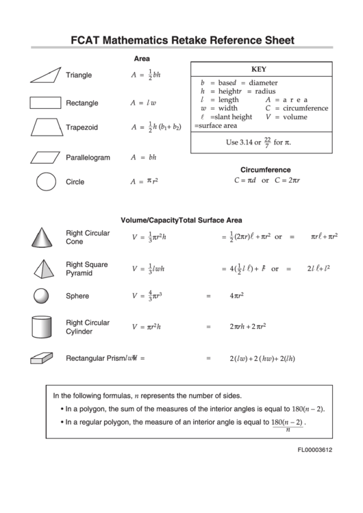 Fcat Mathematics Retake Reference Sheet