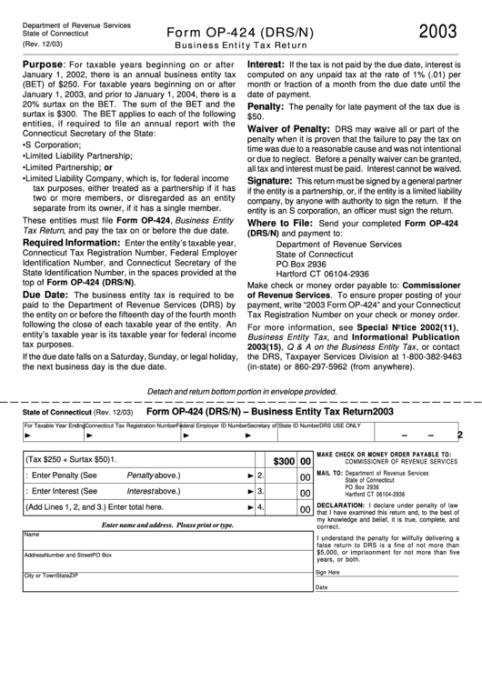 Form Op-424 (Drs/n) - Business Entity Tax Return - Connecticut Department Of Revenue Services - 2003 Printable pdf