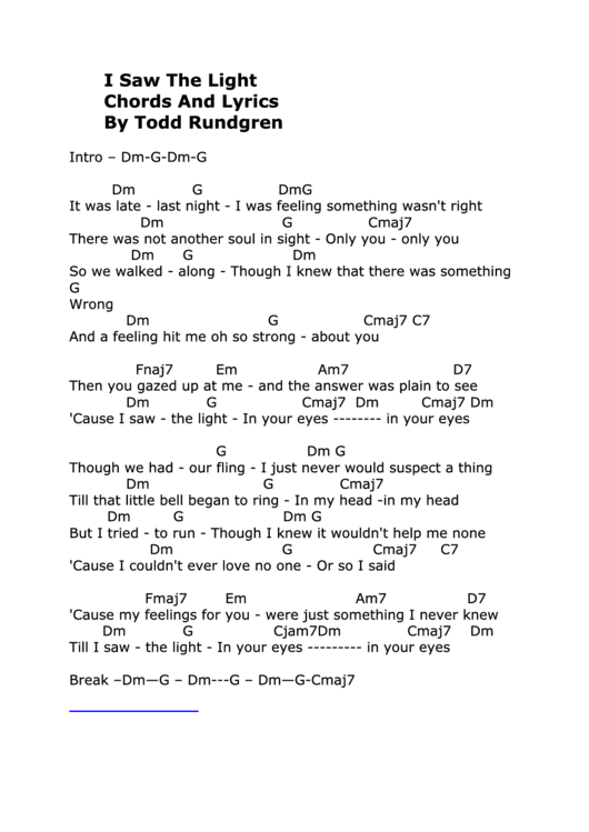Todd Rundgren - I Saw The Light Guitar Chord Chart Printable pdf