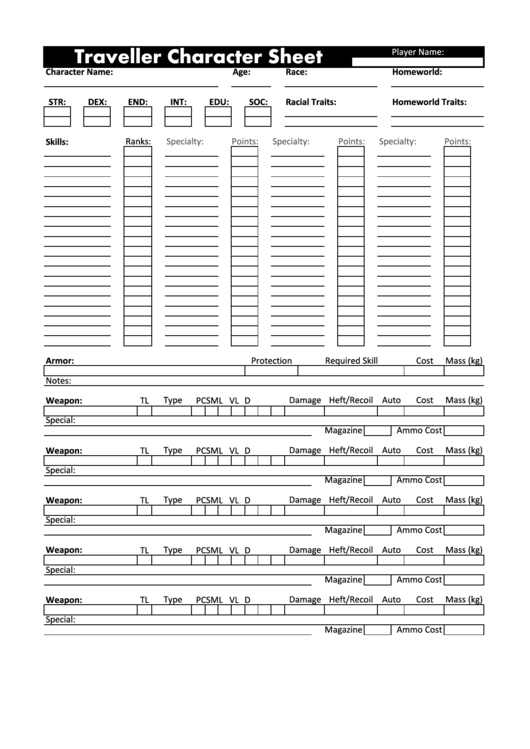 Traveller Character Sheet Printable pdf