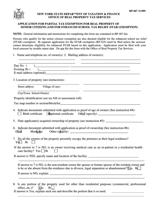 Fillable Form Rp-467 - Application For Partial Tax Exemption For Real Property Of Senior Citizens (And For Enhanced School Tax Relief (Star) Exemption) - Nys Department Of Taxation Printable pdf