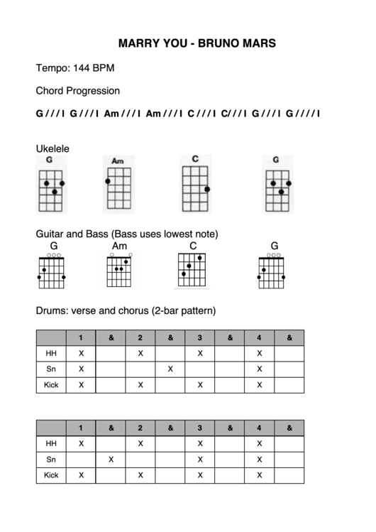 Marry You - Bruno Mars Guitar Chord Chart Printable pdf