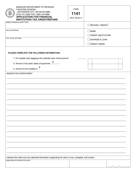 Fillable Form 1141 - Application For Financial Institution Tax Credit/refund - 2011 Printable pdf