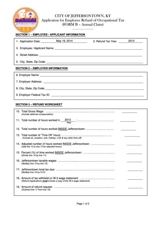 Fillable Form B-Annual Claim - Application For Employee Refund Of Occupational Tax - City Of Jeffersontown, Ky Printable pdf