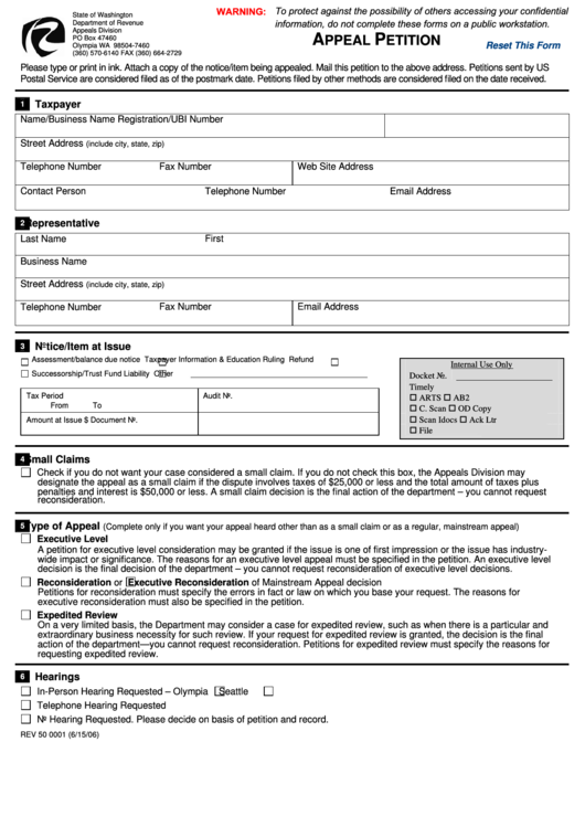 Fillable Form Rev 50 0001 - Appeal Petition - Washington Department Of Revenue Printable pdf