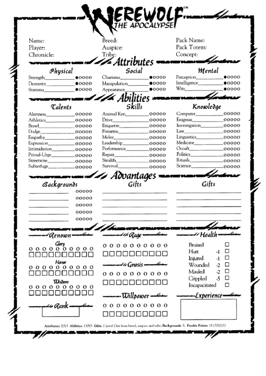 Werewolf The Apocalypse Character Sheet Printable pdf