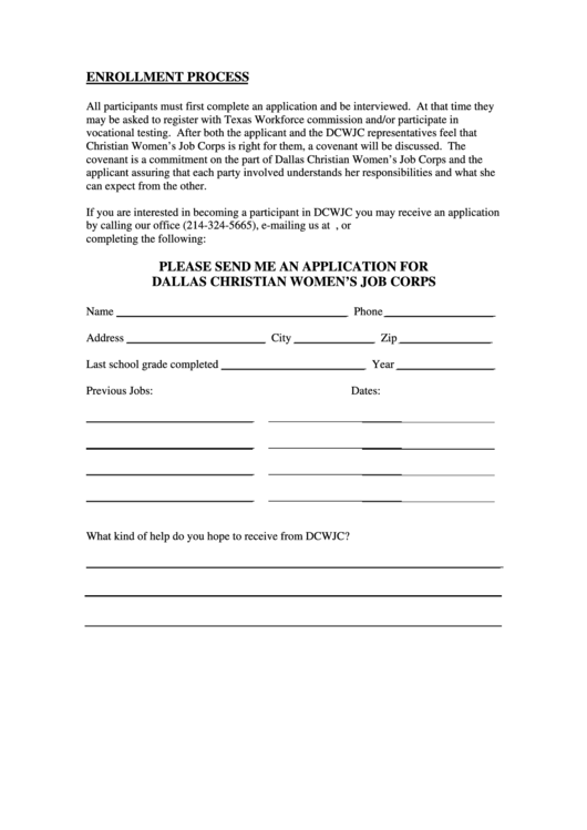 Application For Dallas Christian Women's Job Corps Request Form