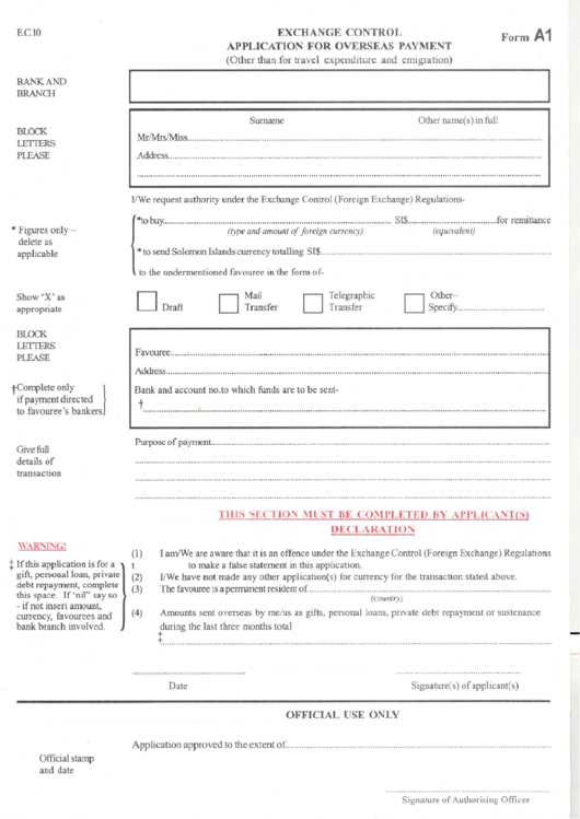 Form A1 - Application For Overseas Payment - Exchange Control Printable pdf
