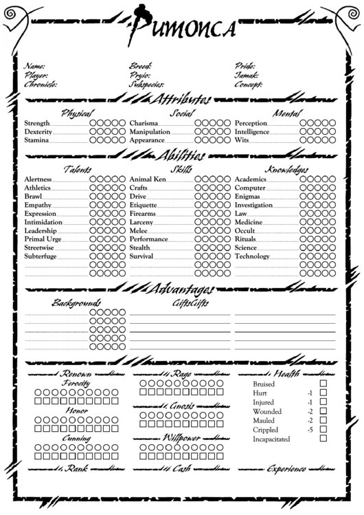 Fillable Pumonca Character Sheet Printable pdf