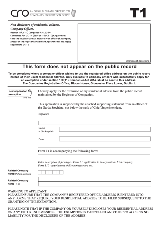 Fillable Form T1 - Non-Disclosure Of Residential Address Printable pdf